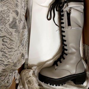 NIB Dollskill knee-high Reflective Combat Boots with side zipper and black laces